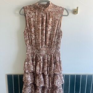 Express Sleeveless Tiered Floral Midi Dress in Dusty Rose/Beige